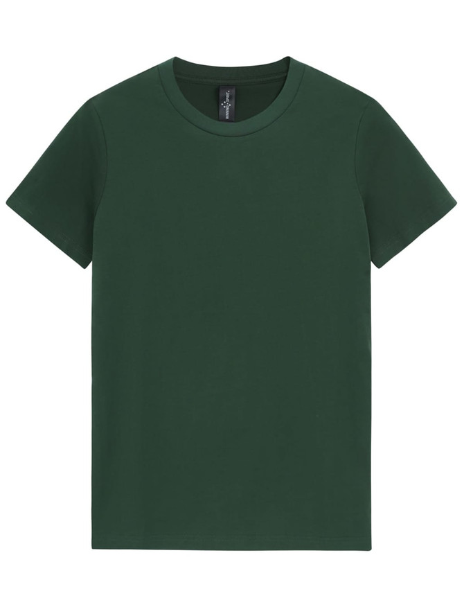 A green premium cotton t-shirt with a round neck and short sleeves, featuring a logo on the inside.