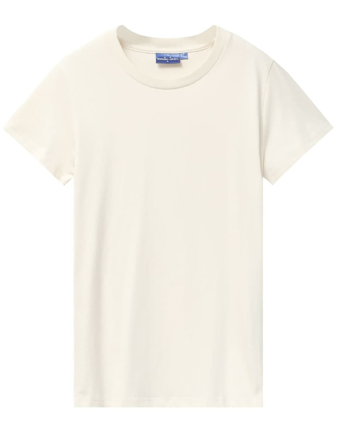 A plain off-white ladies' premium cotton t-shirt featuring a round neckline and short sleeves, with a logo on the label.
