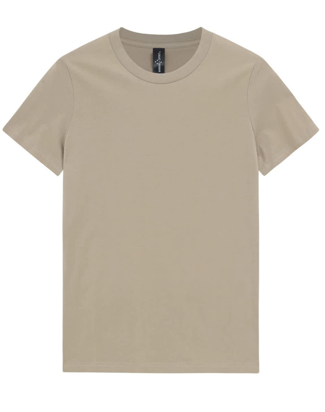 A plain, light beige premium cotton t-shirt with a round neckline and short sleeves. It features a logo label.