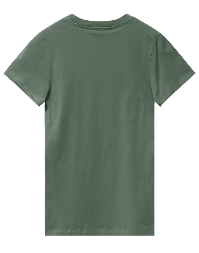 A green ladies' premium cotton tee featuring a simple design and short sleeves, displayed from the back.