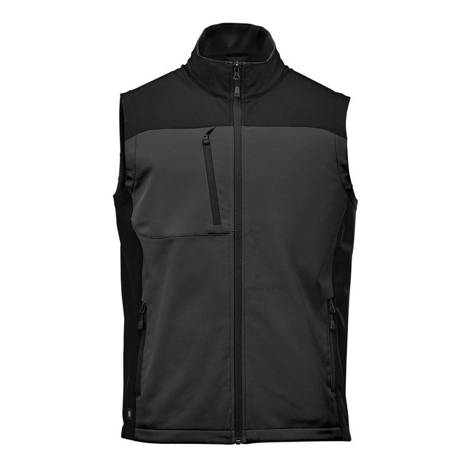 A men's softshell vest in green and black, featuring a zip front and side pockets, with a logo.