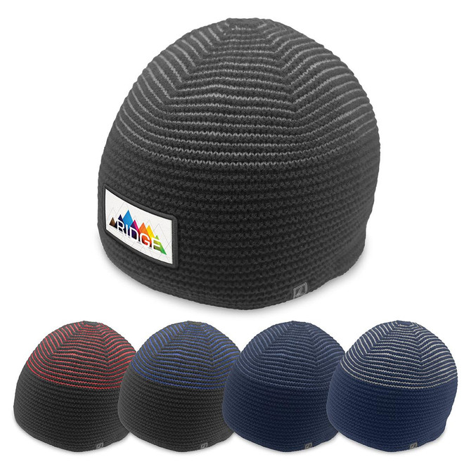 A collection of beanies in various colours, featuring a logo on one side, with a textured knit design.