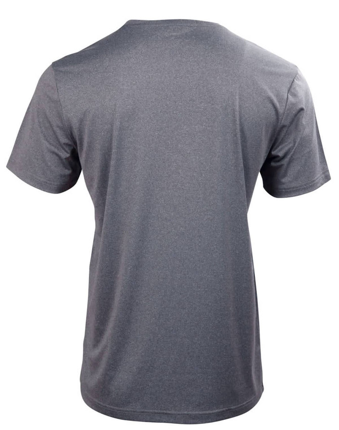 A grey short sleeve t-shirt, featuring a smooth fabric and a logo on the back.