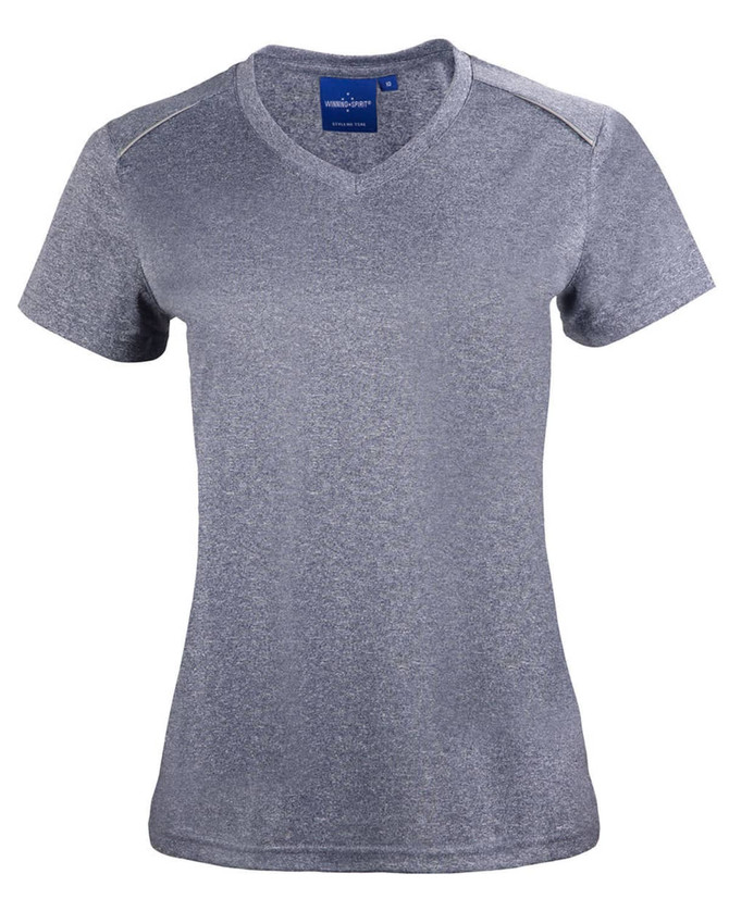 A grey short sleeve tee with a V-neck design, featuring a branding logo on the neckline.