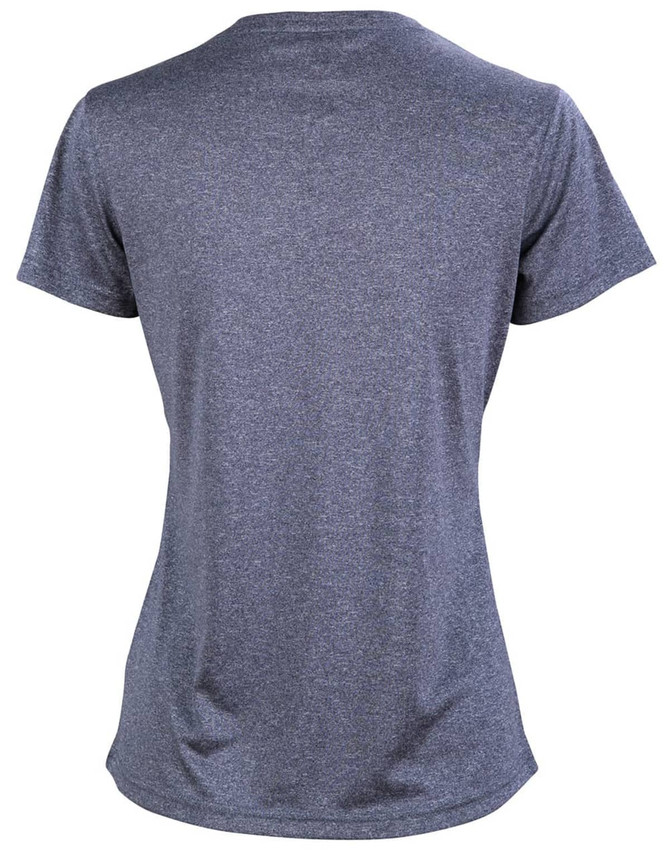 A grey short sleeve tee with a smooth fabric texture and a logo on the back.