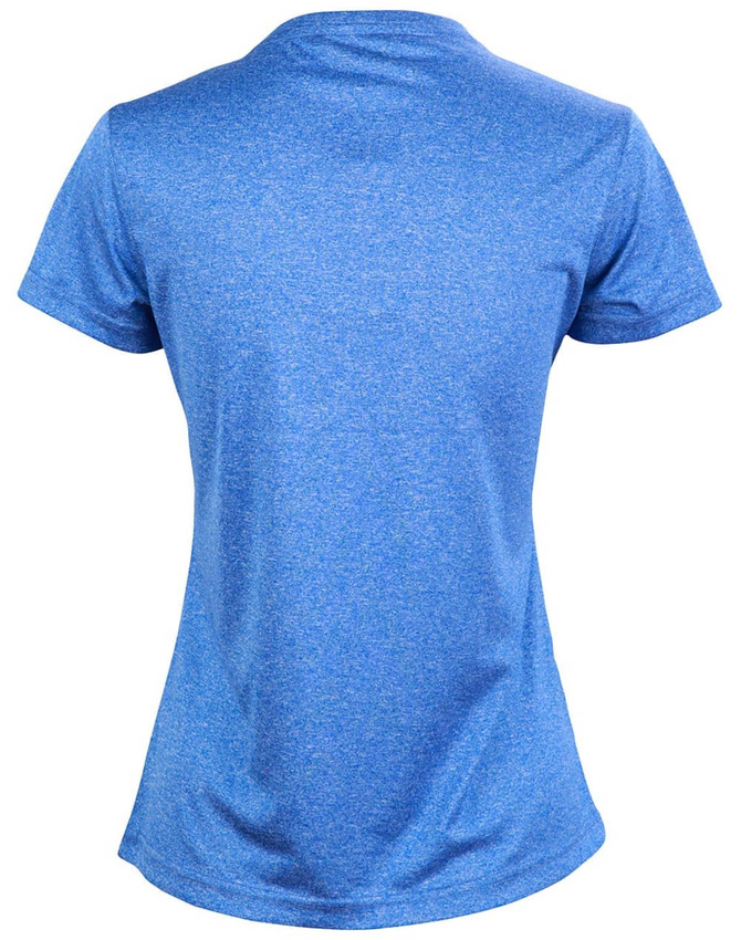 A blue short sleeve tee with a textured finish, featuring a logo on the back.