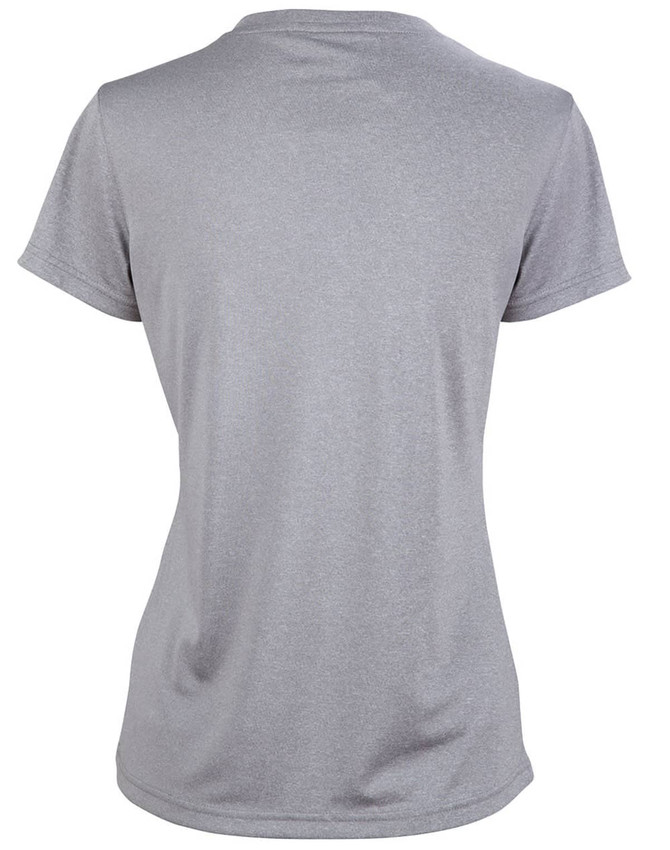 A grey ladies' short sleeve tee with a fitted style and a simple design, featuring a logo on the back.