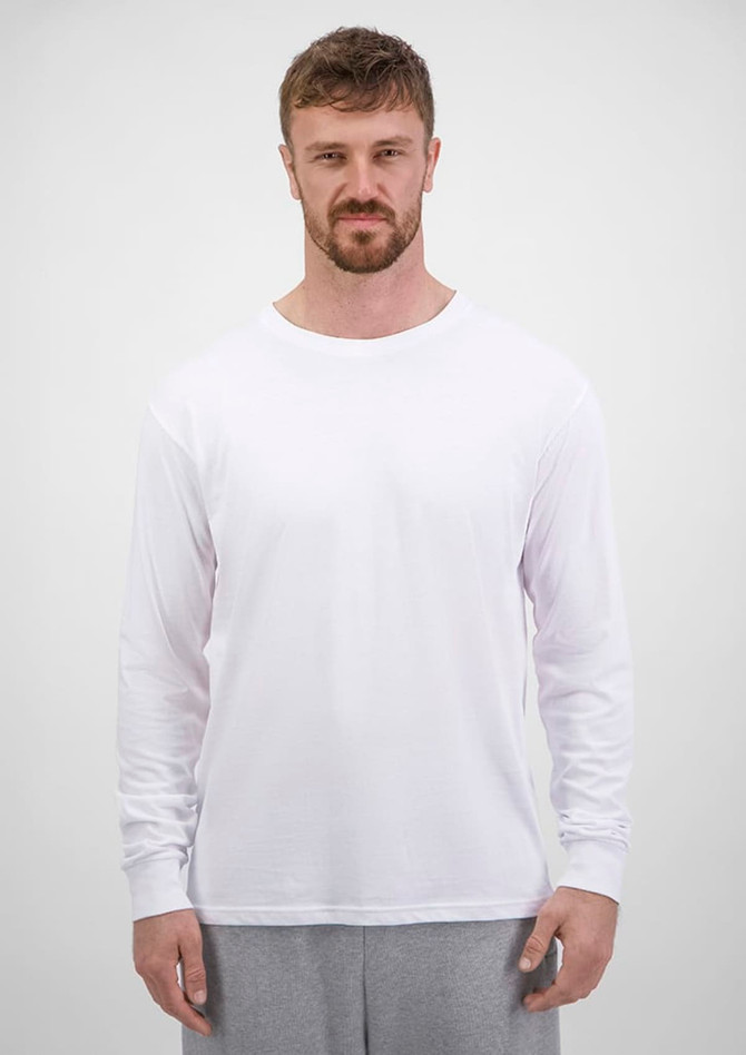A long sleeve white tee for men, featuring a simple design and a logo on the front.