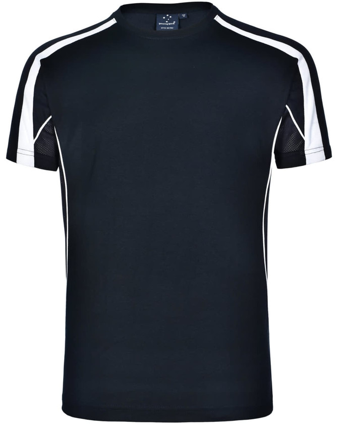 A black short-sleeve t-shirt with white side accents and a logo on the collar.