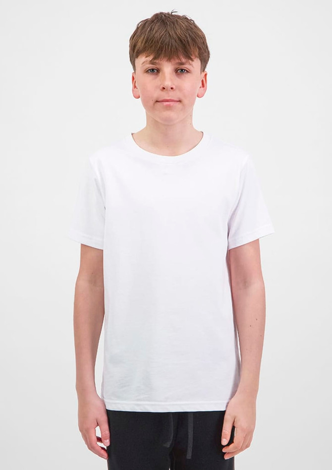 A white short sleeve tee for youth displayed on a model, featuring a simple design and a logo.