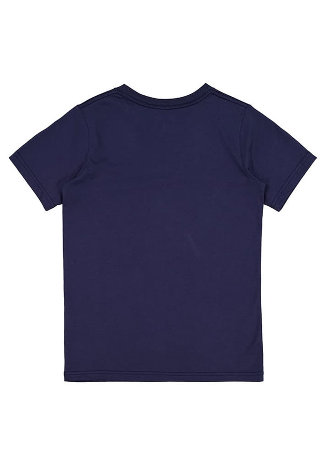 A children's short sleeve t-shirt in navy blue, featuring a plain back design and no visible logos.