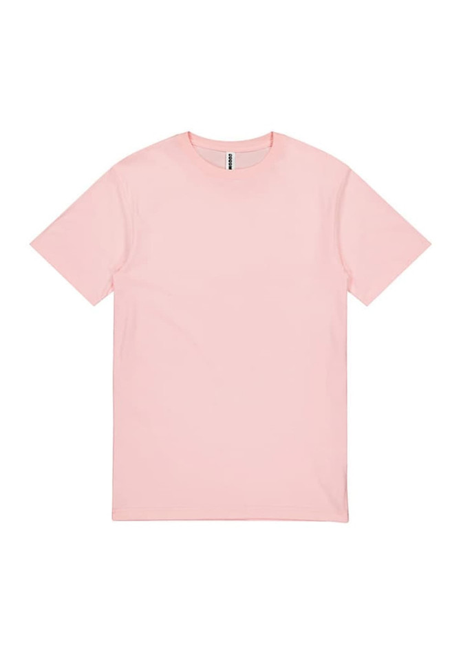 A pink short sleeve T-shirt featuring a crew neckline and a logo on the label.