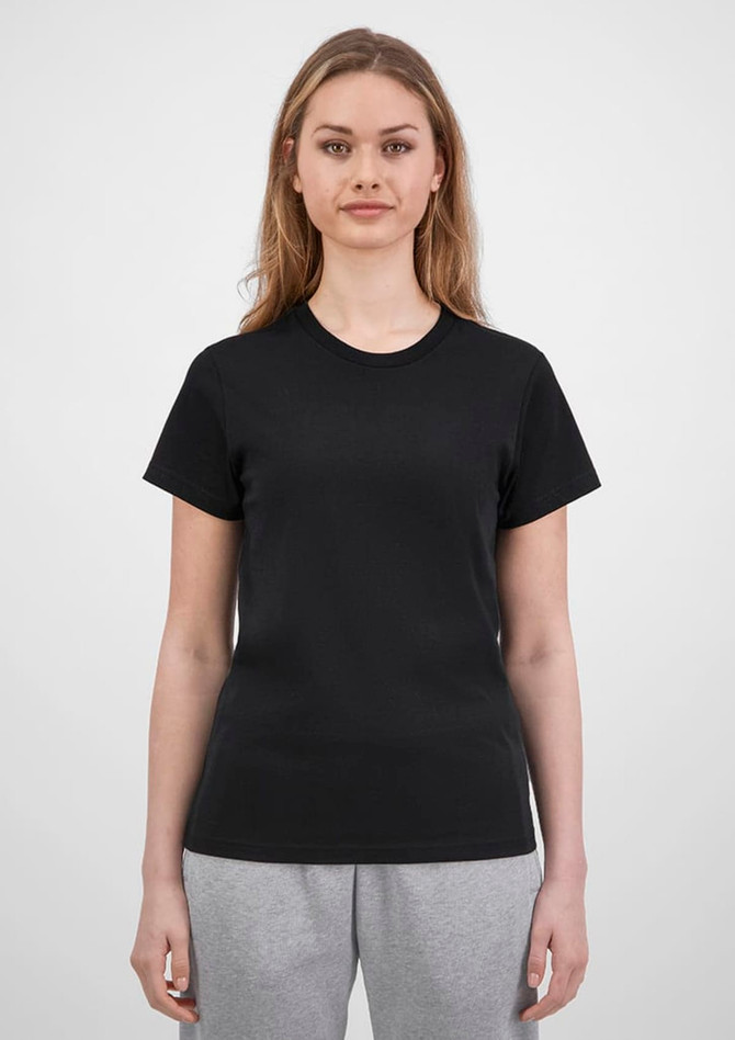 A black short sleeve tee for women, featuring a fitted design and paired with light grey pants. It has a logo.