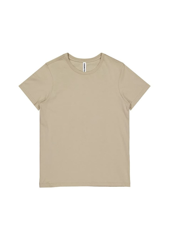 A beige women's short sleeve t-shirt featuring a simple design and a logo on the label.