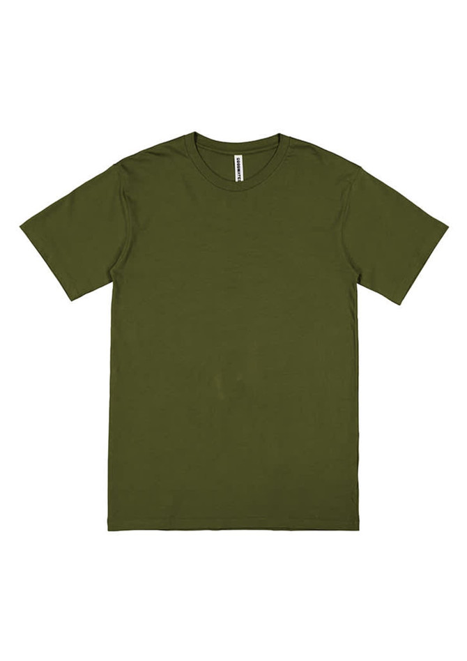An olive green men's short sleeve T-shirt with a crew neck and a label inside the collar.