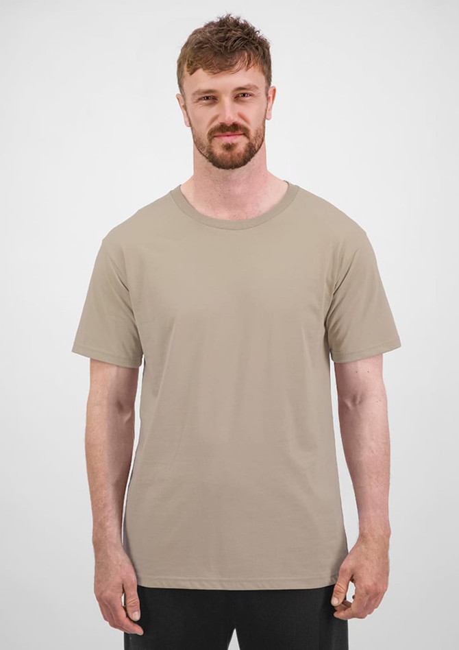 A beige men's short sleeve tee displayed on a male model, featuring a logo on the front.