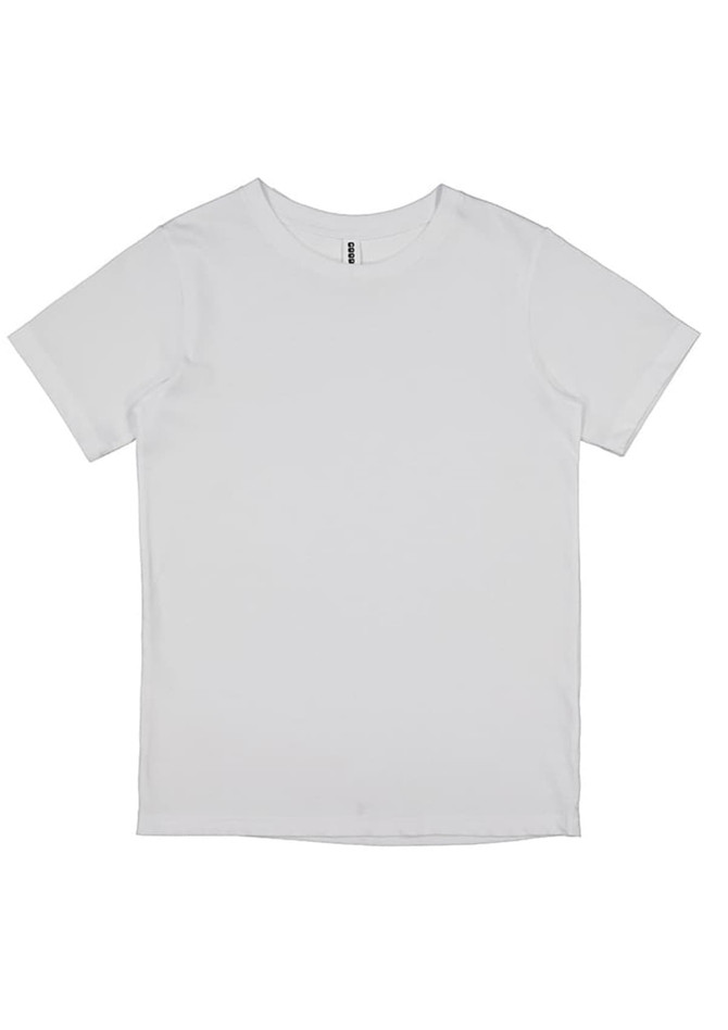 A plain white short sleeve tee featuring a simple design and a label inside the neckline.