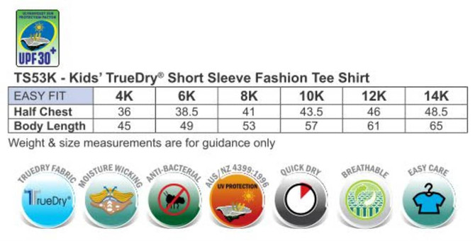A size chart for the Kid's TrueDry short sleeve fashion T-shirt, featuring measurements for various sizes.