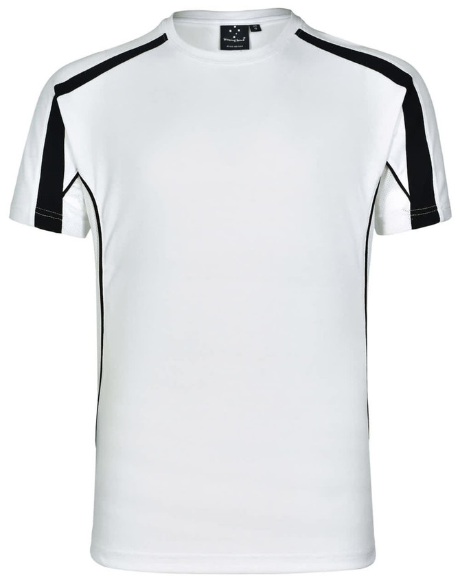 A white short-sleeved T-shirt with black shoulder and side accents, featuring a logo on the neckline.