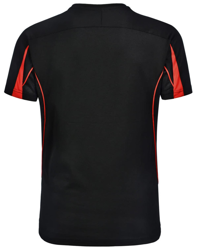 A black short-sleeved T-shirt with red accents and a logo on the back.