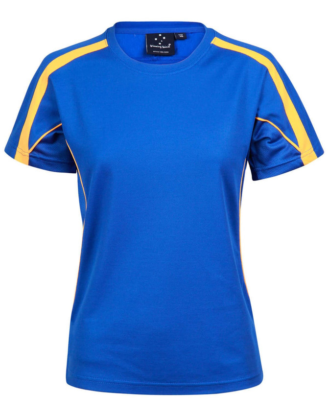 A blue short-sleeve T-shirt with yellow accents and a logo on the chest.