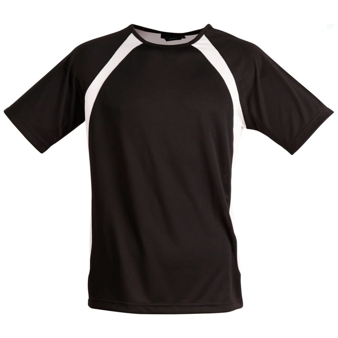 A black men's t-shirt featuring white accents on the sleeves, with a logo on the chest area.