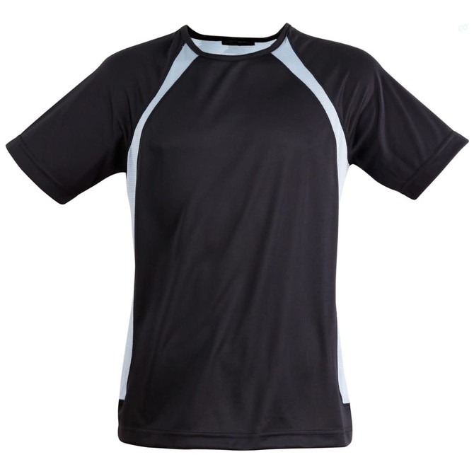 A black men's t-shirt with light blue accents and a logo. It features a short sleeve and sporty design.