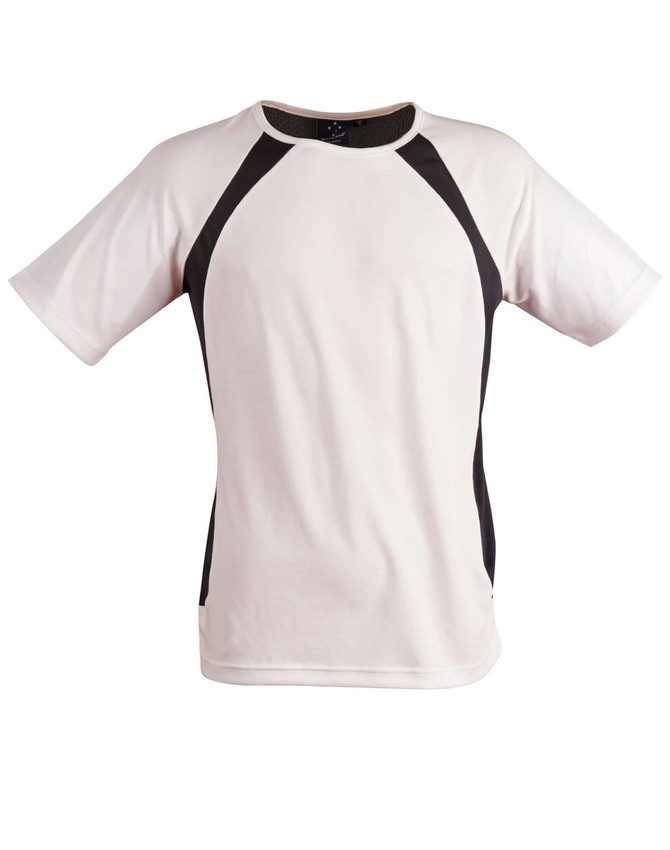 A men's premier tee shirt in white and black with short sleeves and a sleek design. It features a logo.