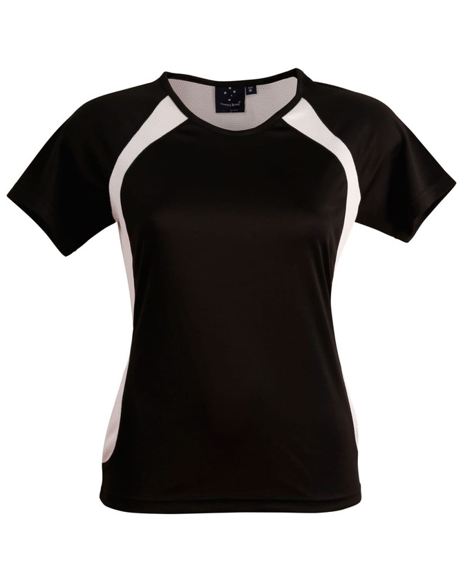 A black and white ladies' t-shirt featuring short sleeves and a sporty design, with a logo on the upper part.