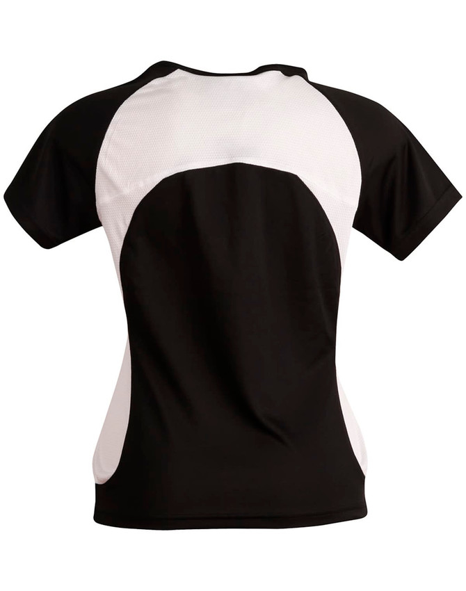 A black and white ladies' T-shirt with a mesh design on the back and short sleeves. It features a logo.