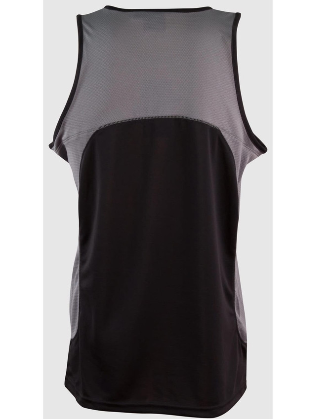 A black sprint singlet with a grey mesh back, featuring a logo on the fabric.