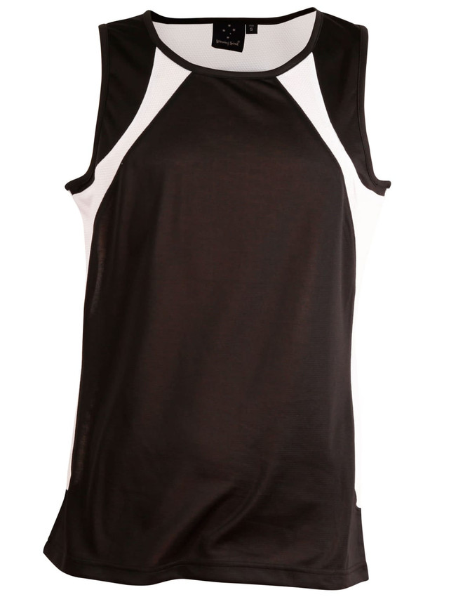 A black men's sprint singlet featuring white mesh panels on the sides and a logo on the label.