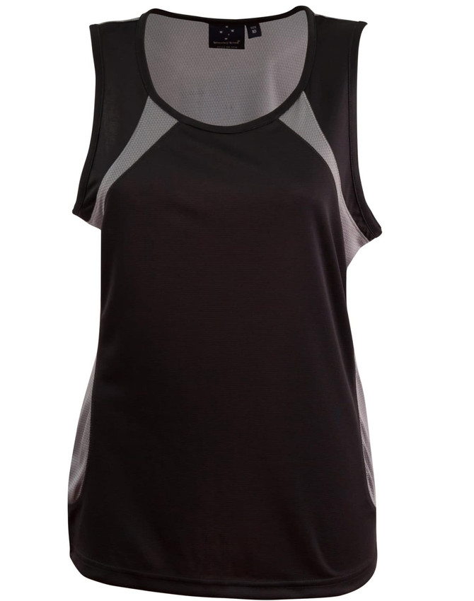 A black ladies' sprint singlet featuring mesh panels, designed for comfort and breathability. Includes a logo.