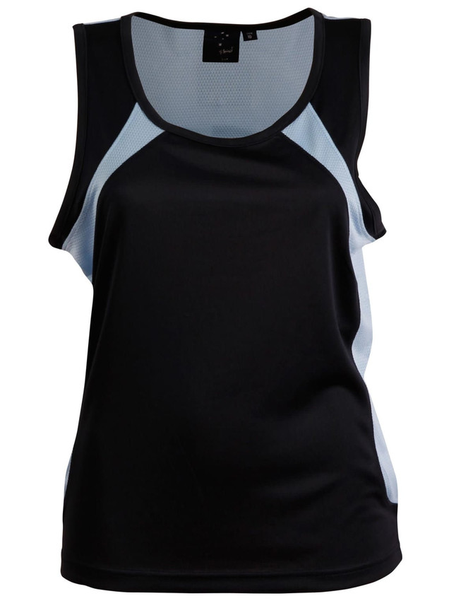 A black and light blue ladies' singlet featuring a lightweight design and athletic cut, with a logo on the label.