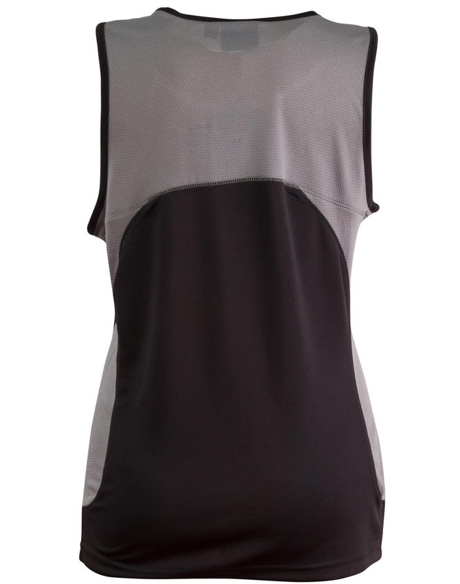 A ladies' sprint singlet featuring a mesh design, predominantly black with grey accents, and a logo on the back.