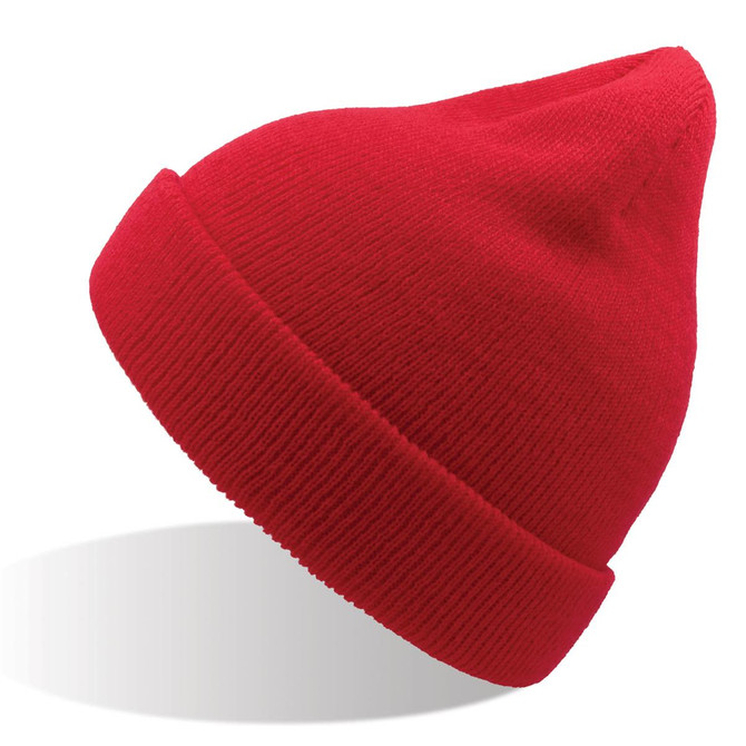 A red beanie made from recycled polyester, featuring a ribbed cuff and a pointed top.
