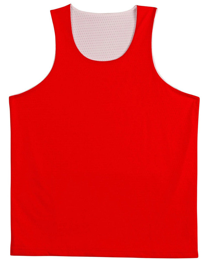 A red kid's basketball singlet with a mesh interior, featuring a logo on it. Suitable for sports and active wear.