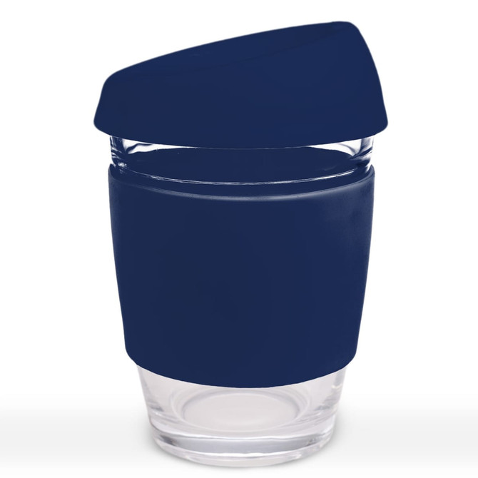 A reusable coffee cup with a clear base and a navy silicone lid and sleeve for grip. The cup features a logo.