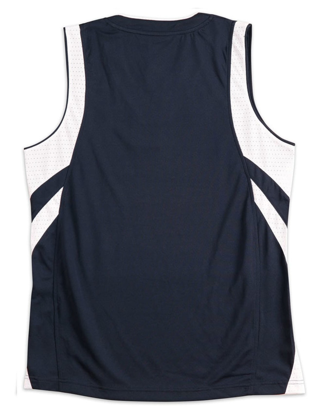 A navy blue adults' basketball singlet with white mesh panels and stripes, featuring a logo on the back.