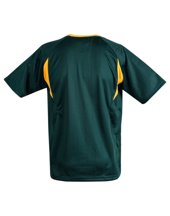 A adults' soccer jersey in dark green with yellow accents and a logo on the back.