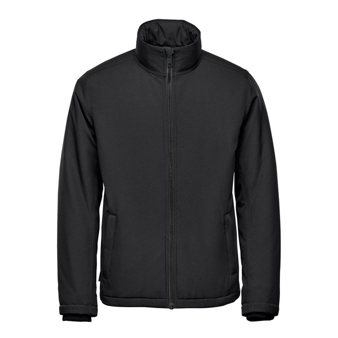 A black thermal jacket with a high collar and front zip, featuring pockets and a logo.