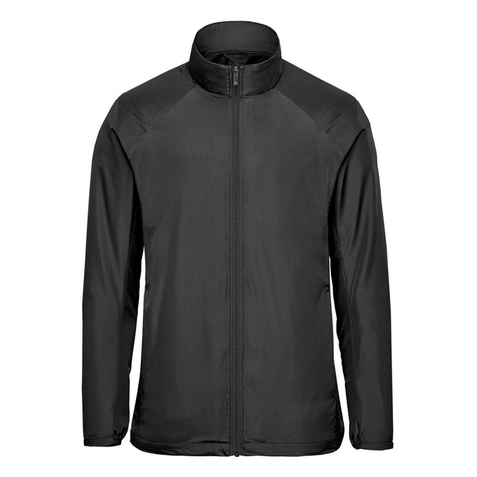 A black men's full zip jacket with a high collar and a sleek design. It features branding on the material.