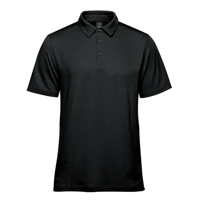 A black men's polo shirt with a classic collar, three buttons, and a small logo.