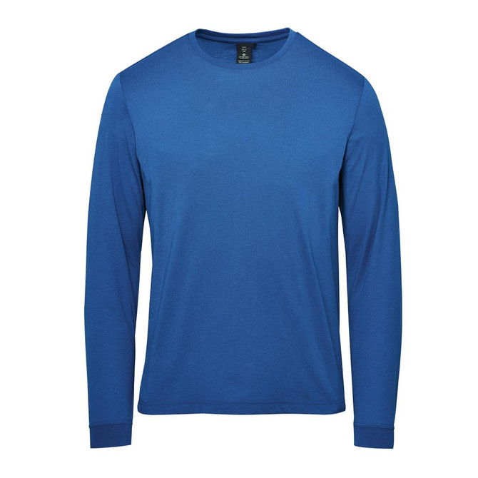 A blue long-sleeve T-shirt with a round neckline and a logo on the label.