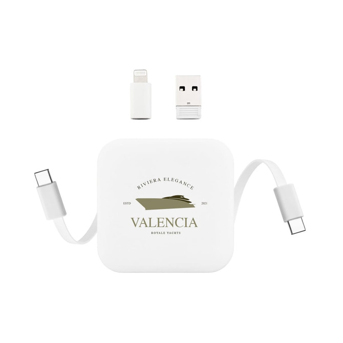 A white portable charging device with a logo, featuring USB-C and Lightning connectors. Includes a USB adapter.