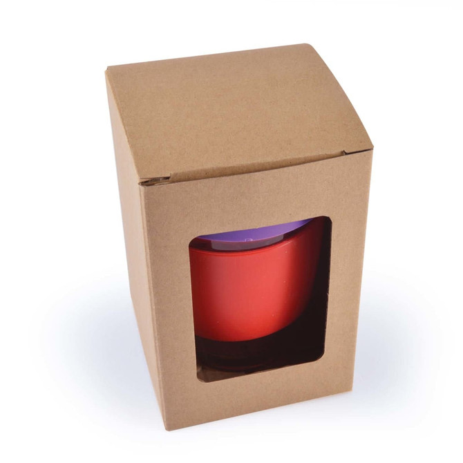 A red reusable coffee cup in a cardboard box, featuring a window to view the cup inside.