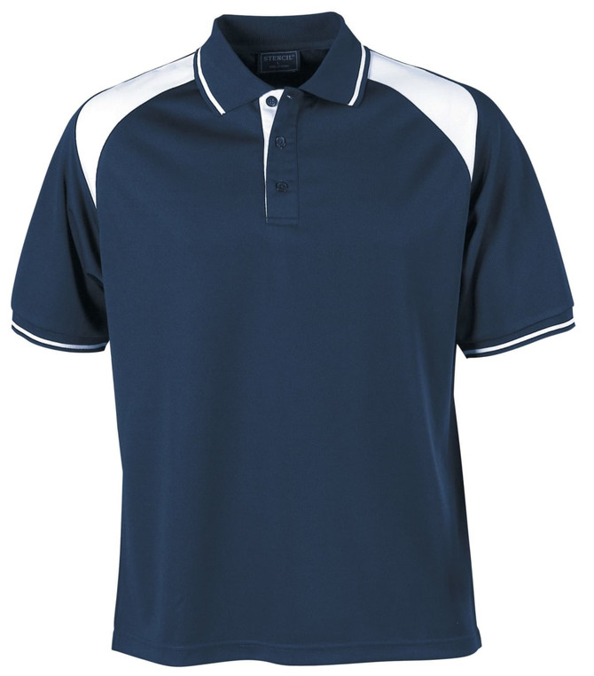 A navy blue polo shirt featuring white accents and a collar, with a logo on the left side.