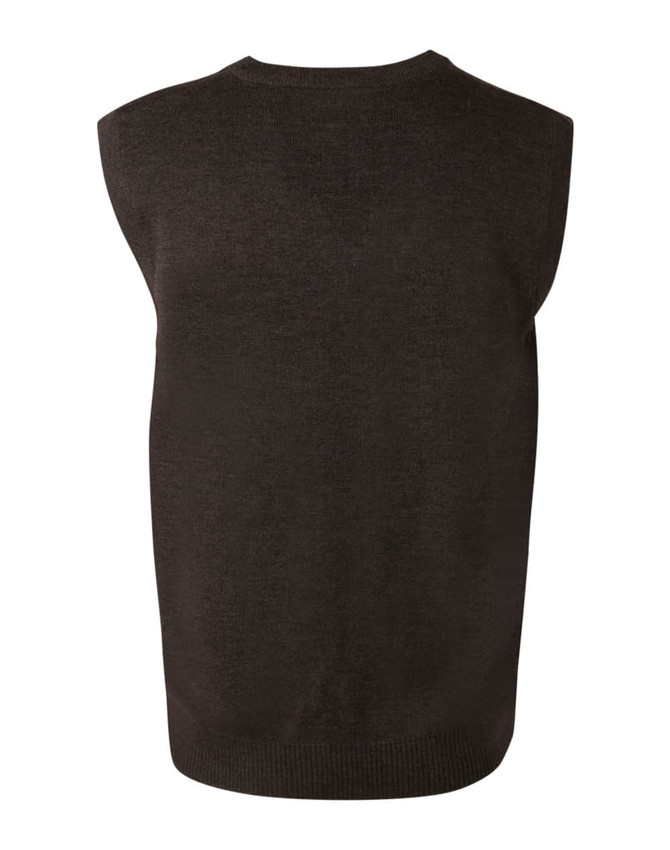 A dark brown v-neck wool and acrylic knit vest featuring a sleeveless design and ribbed hem.