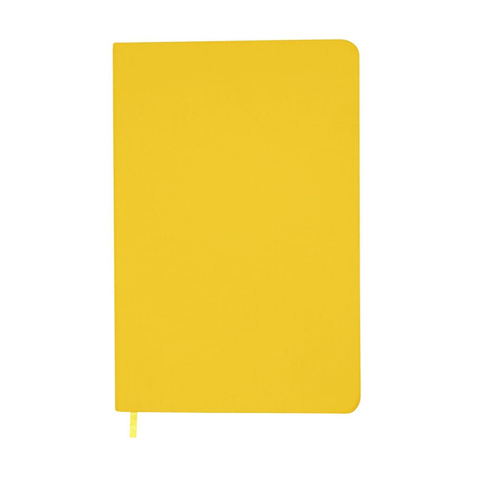A bright yellow A5 notebook with a smooth cover and a ribbon bookmark, featuring a logo on the front.