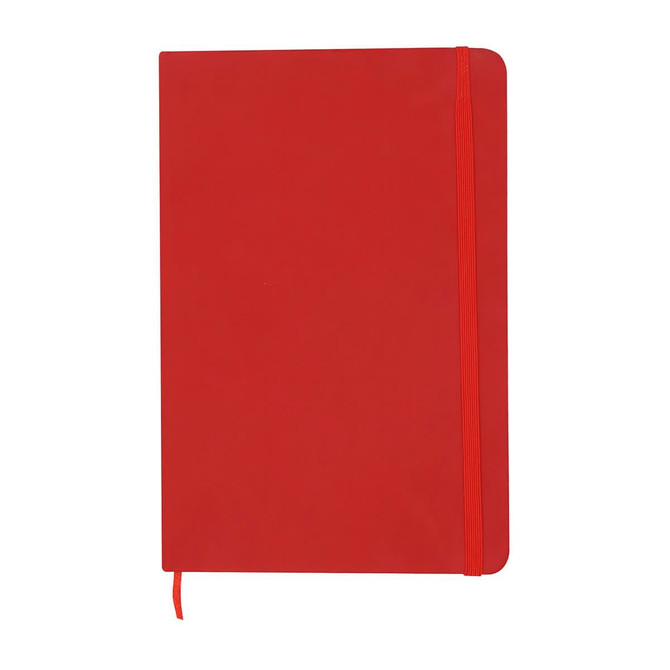 A red A5 notebook with a matching elastic band and a ribbon bookmark. Features a simple, solid cover design.